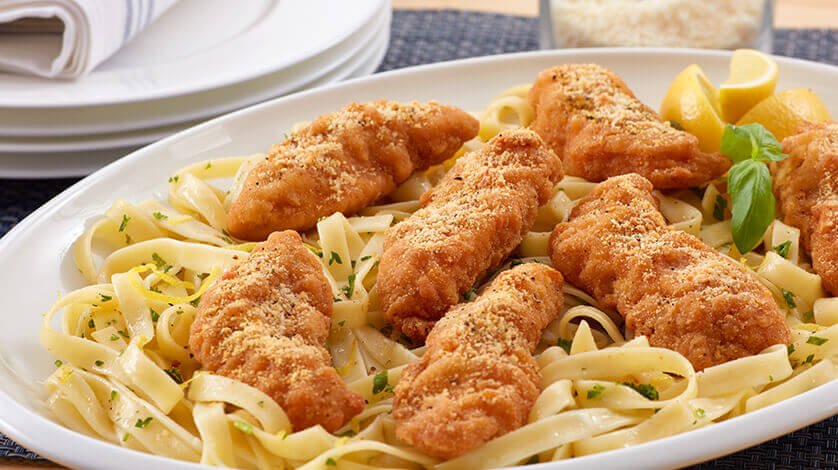 Lemon Parm Chicken Strips with Herb-buttered Fettuccine