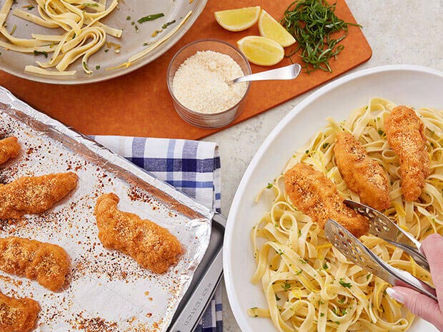 Step 4 Lemon Parm Chicken Strips with Herb-Buttered Fettucine Step 4