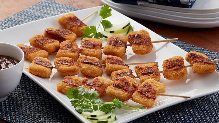 Skewered Chicken Nugget Satay with Peanut Dipping Sauce