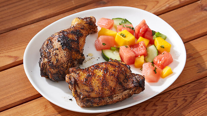 Grilled Espresso Adobo Chicken with Mango Melon Salad