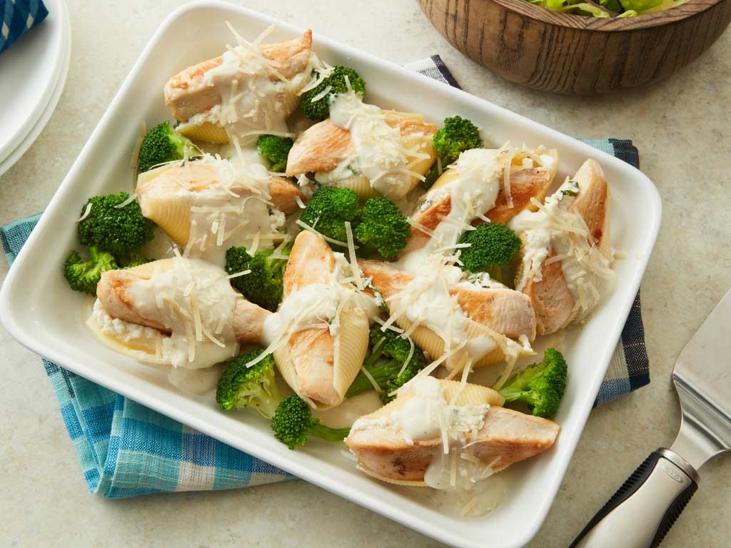 CHICKEN STUFFED SHELLS WITH ALFREDO SAUCE