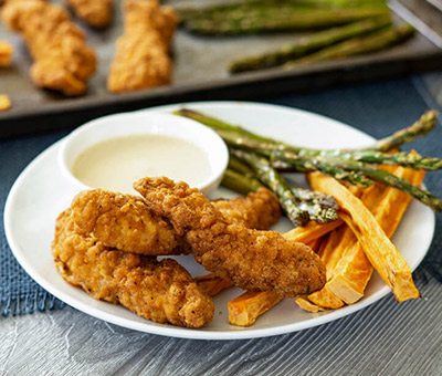 Chicken and Veggie Sheet Pan Dinner with Tahini Dipping Sauce