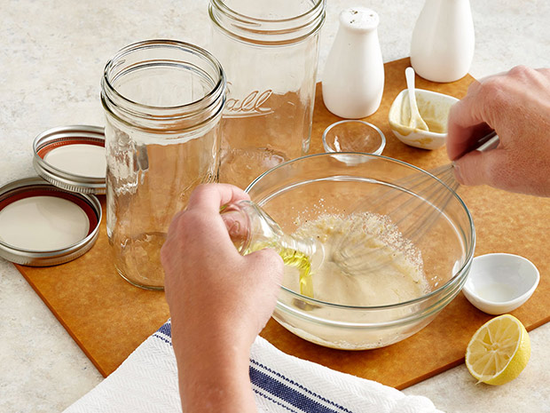 High-Protein Chicken, Kale and Lemon Tahini Salad in a Jar Step 1