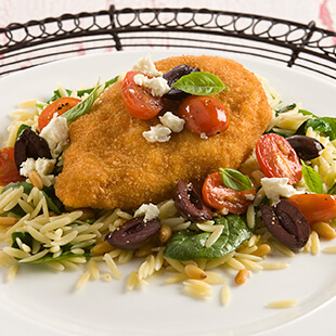 Crispy Chicken with Orzo, Tomatoes, Basil and Feta