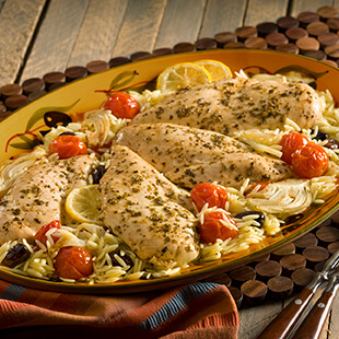Mediterranean Chicken with Roasted Vegetable Orzo