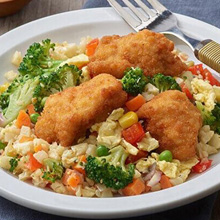 Chicken Chunks and Cauliflower "Fried Rice" with Sweet Corn, Peas, Onions and Broccoli