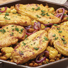 Middle Eastern Skillet Chicken, Chickpeas, Red Onion and Cauliflower Served with Yogurt Cucumber Sauce