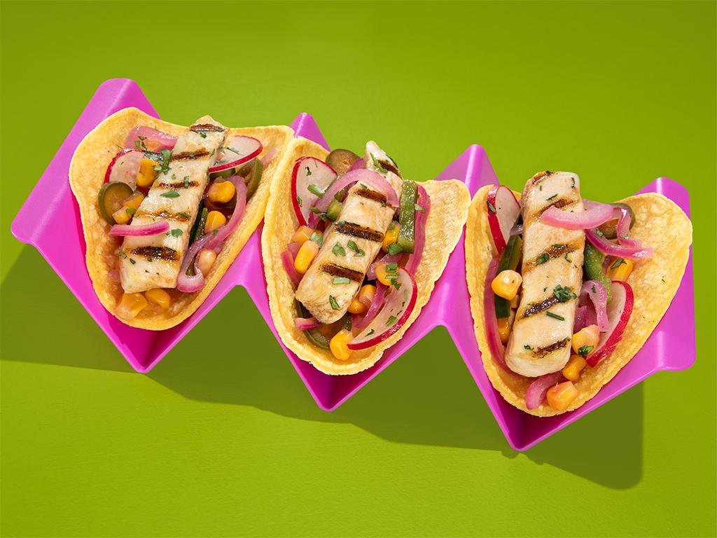 Adobo Grilled Chicken Tacos with Pickled Corn Relish