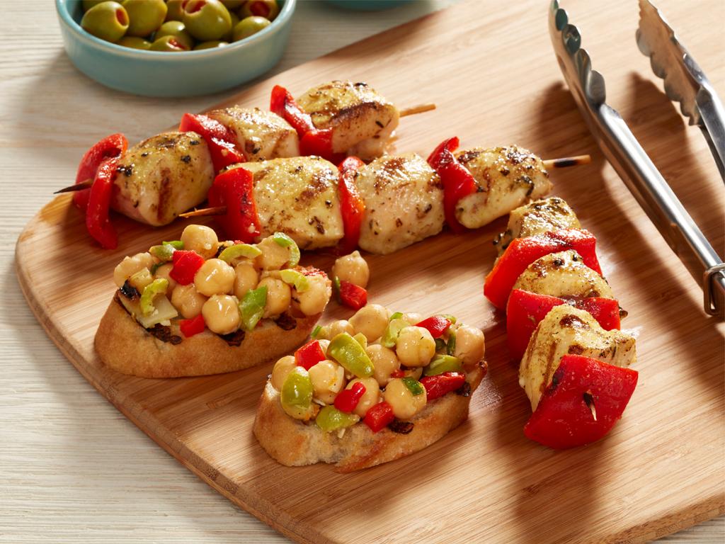 Chicken Pinchos with Chickpea-Fennel Crostini